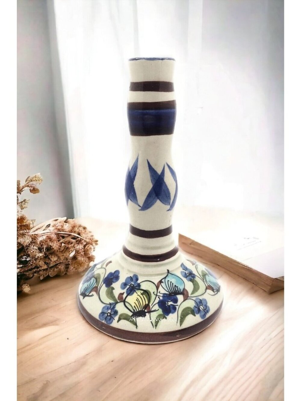 Vtg Tonala Signed Folk Art Pottery Candlestick Holder Mexico Ethnic Butterfly